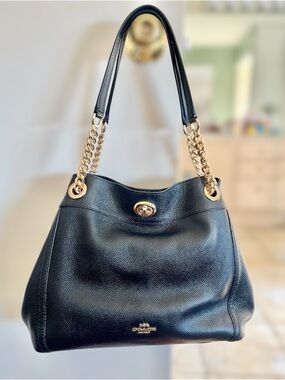 Coach Black Pebbled Leather Shoulder Bag with Gold Chain Trim